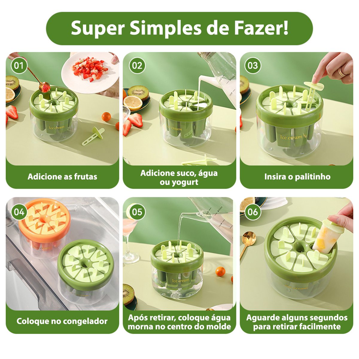 Forma Molde Fazer Picolé Sorvete 8 Palitos ReutilizávelVerde - Imagem 3