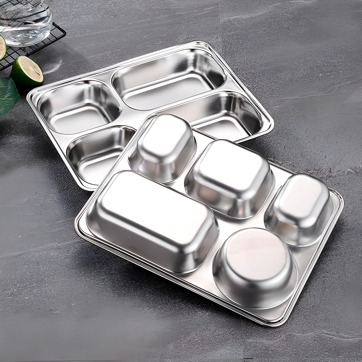 Marmita Pote Inox Retangular 5 Divisórias Prateado Tampa - Imagem 2